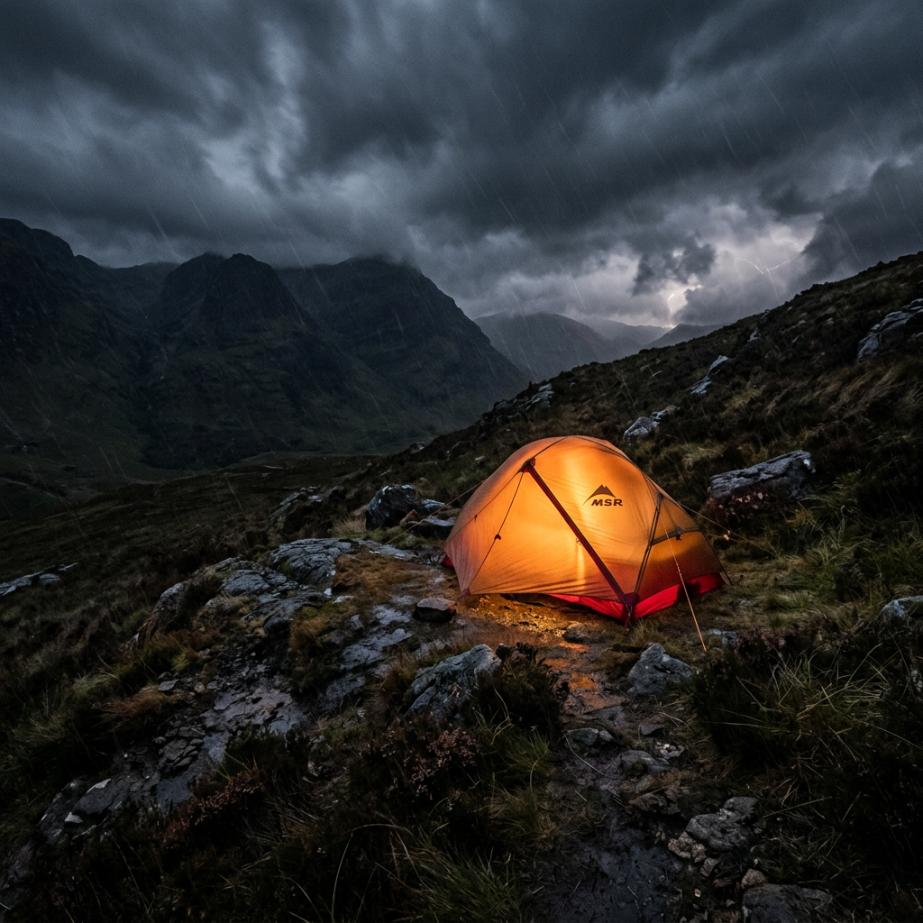 Tent glowing on stormy hillside