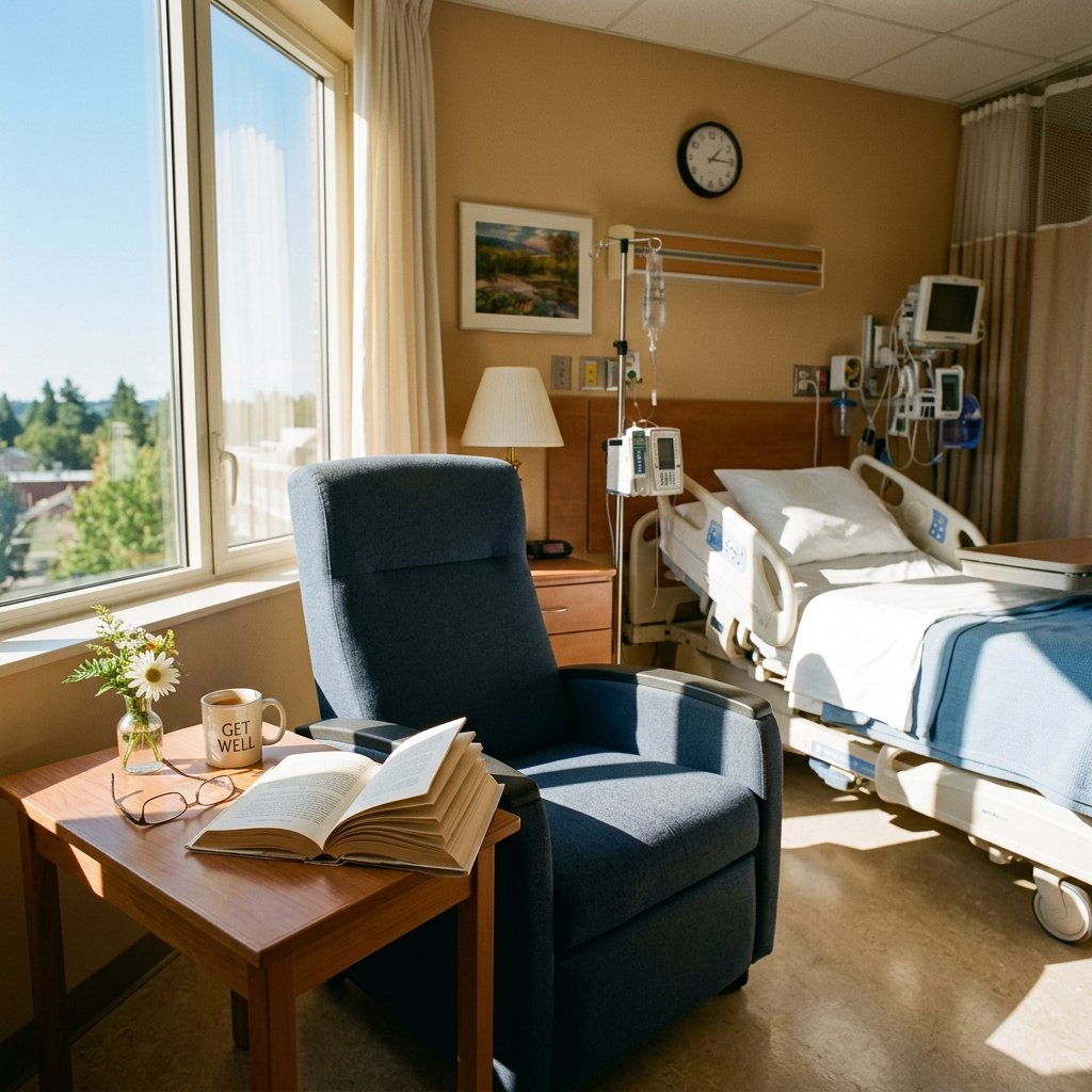 Hospital room with bed, medical equipment, blue recliner, side table with open book, glasses, flower vase, and 'Get Well' mug