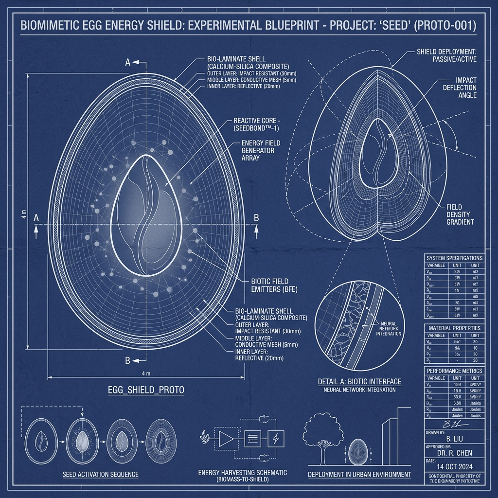 Detailed blueprint of a biomimetic egg energy shield showing layered shell structure, reactive core, energy field emitters, and deployment features with technical specifications.