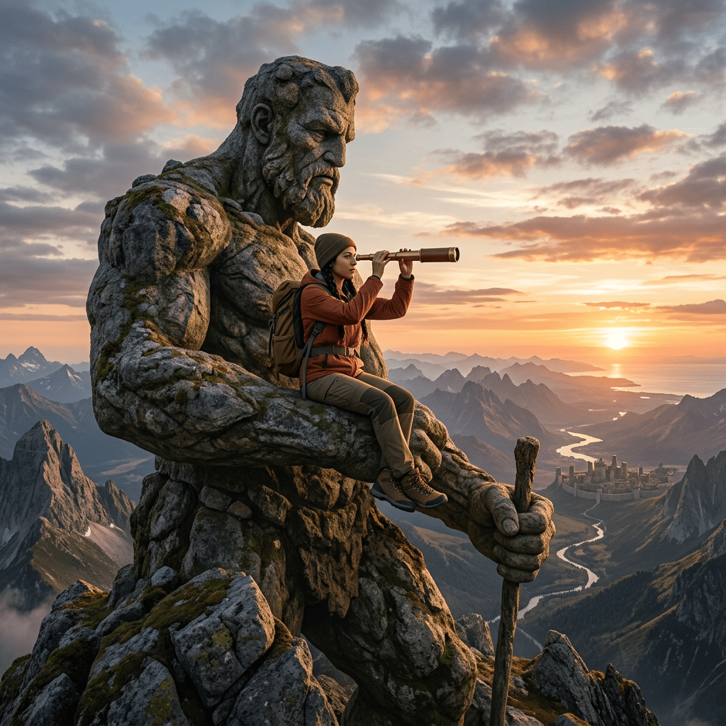 Hiker sitting on a giant stone statue's arm, looking through a telescope at a mountainous landscape during sunset
