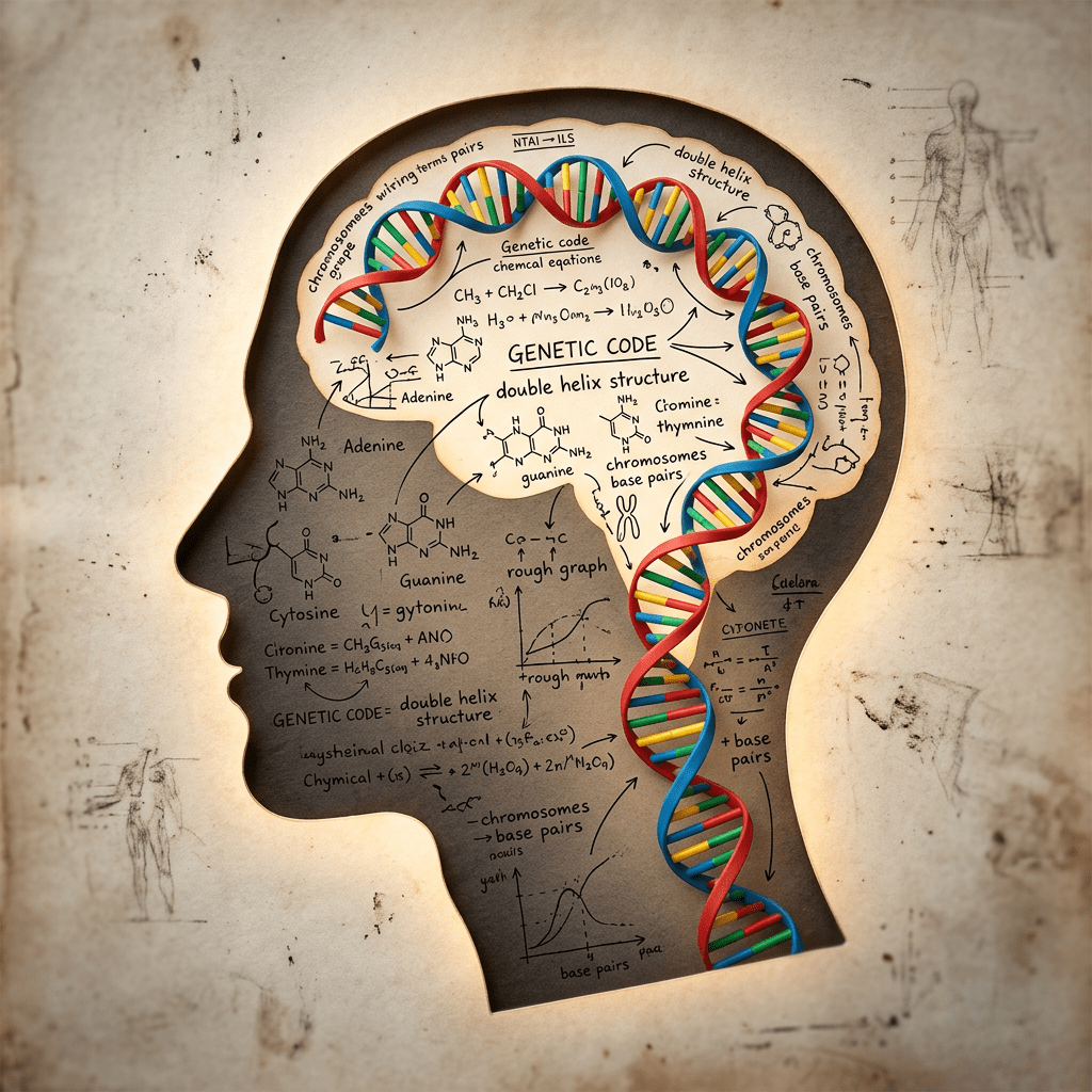 Human head silhouette filled with DNA helix and genetic code diagrams