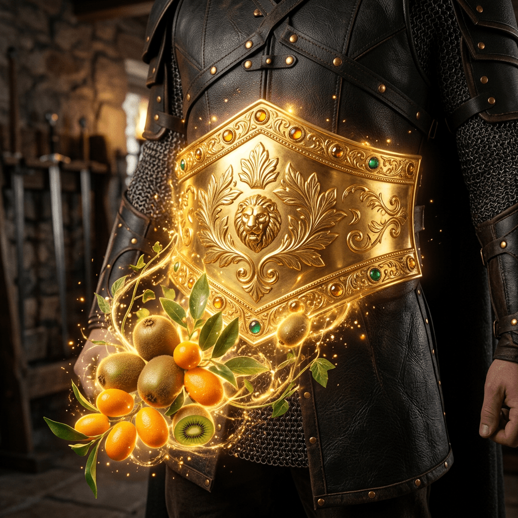 Golden belt with lion emblem, surrounded by glowing kumquats and kiwis on warrior in armor