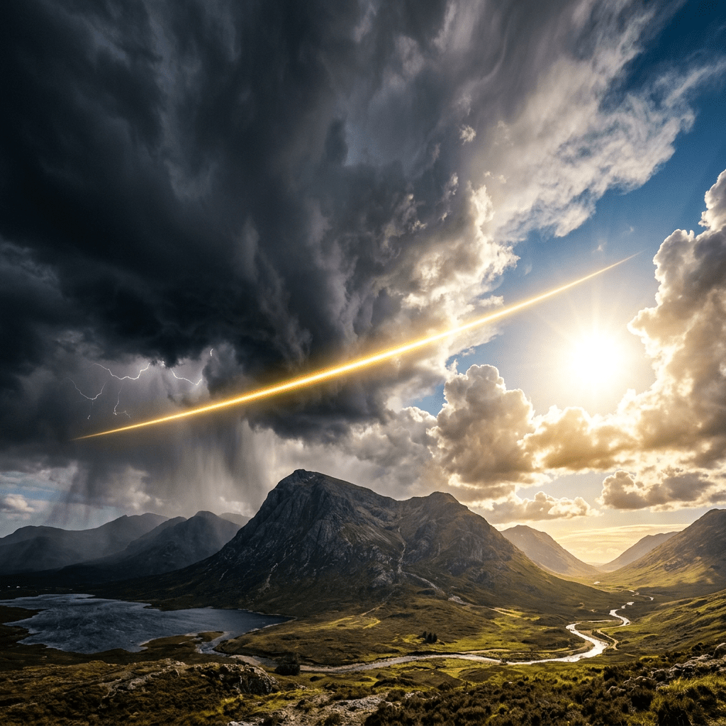 Mountain landscape with dark storm clouds, lightning, bright sun, and winding river