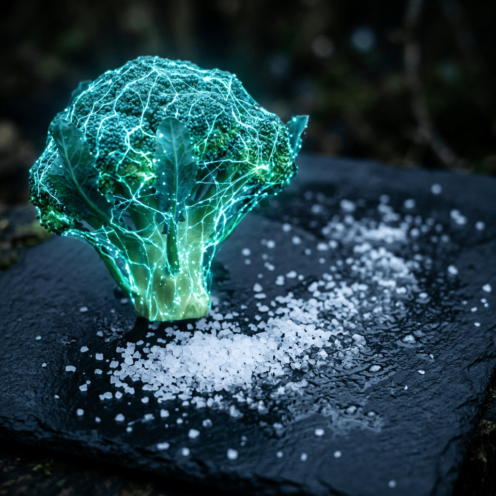 Broccoli with glowing blue neural network-like lines and coarse salt on dark surface
