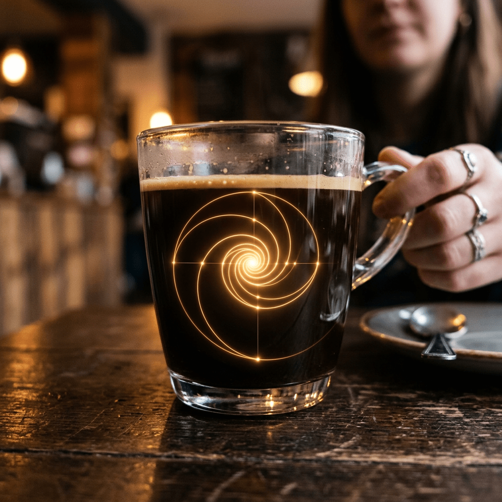 Clear glass cup of black coffee with golden spiral pattern superimposed