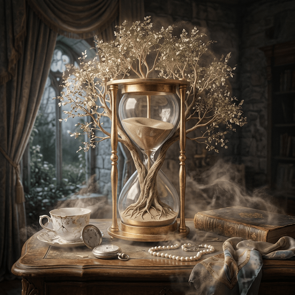 Hourglass with tree growing inside, surrounded by a cracked teacup, pocket watch, pearl necklace, old book, and scarf on a wooden table.