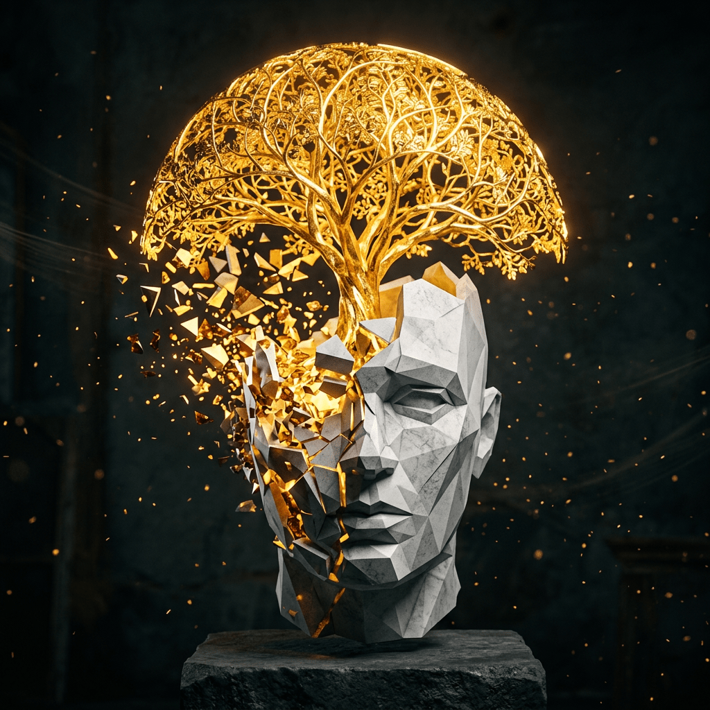 Stone human head fragmenting with a luminous golden tree growing from the top
