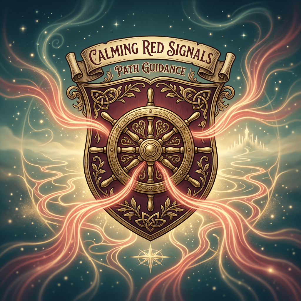 Decorative shield with ship's steering wheel and flowing red ribbons symbolizing path guidance