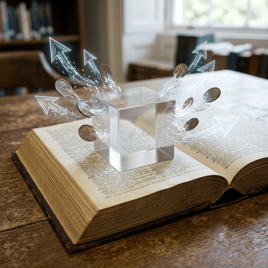 Crystal cube on open book with coins and arrows symbolizing financial growth
