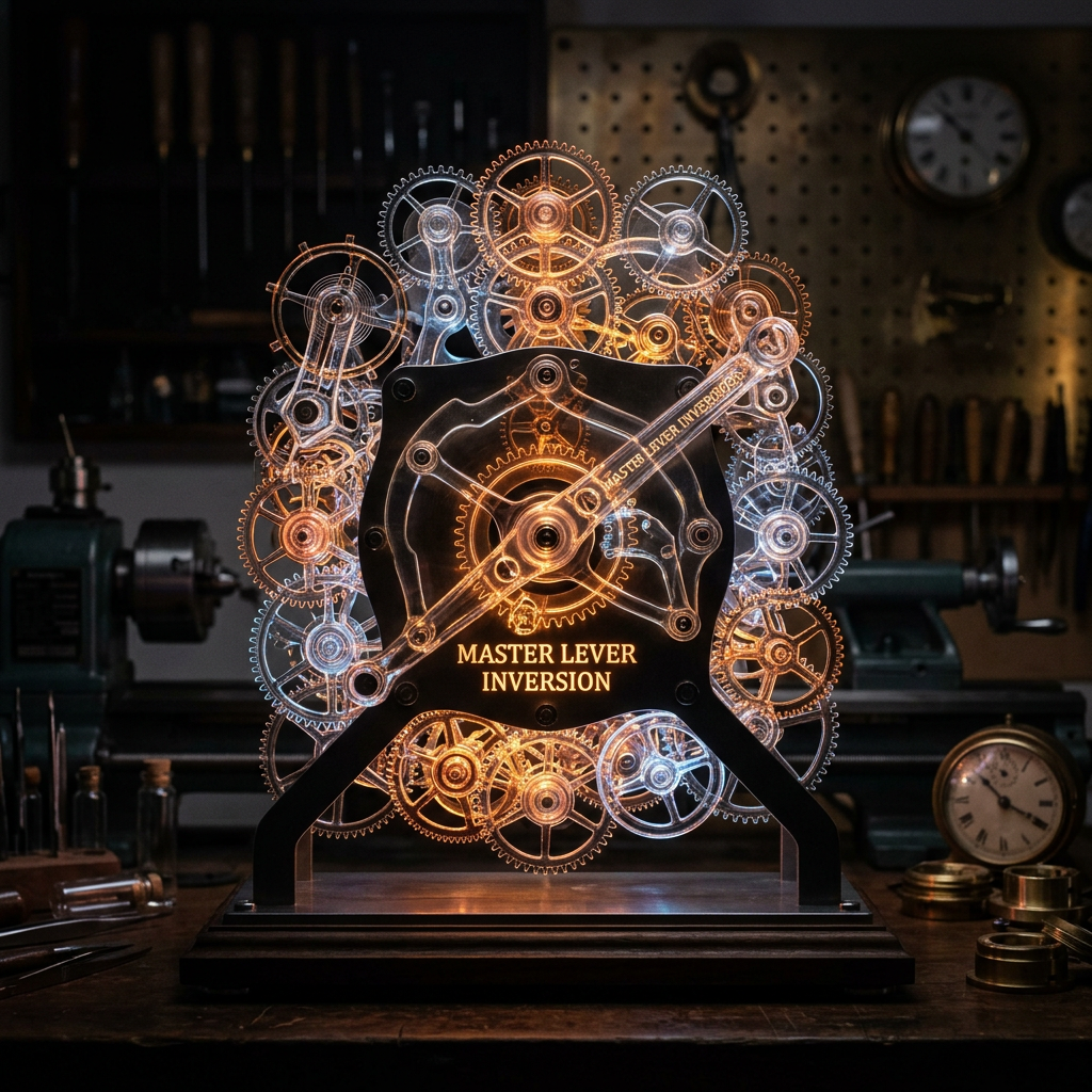 Illuminated intricate clockwork gears with 'Master Lever Inversion' label