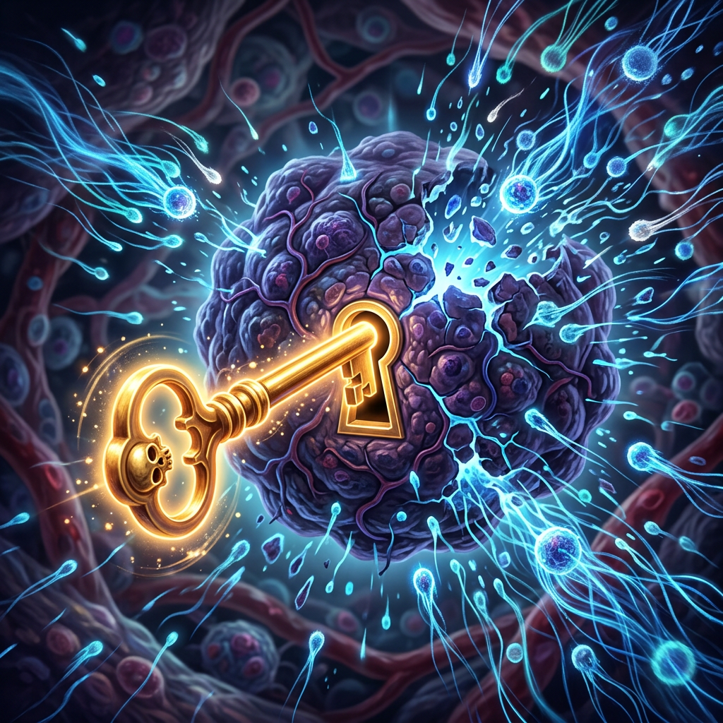 Golden key unlocking tumor, immune lines swarm