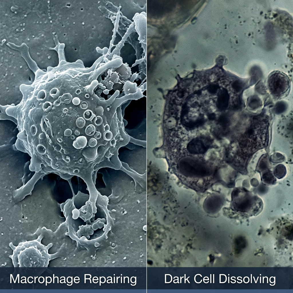 Split cell scene macrophage repairing, dark cell dissolving