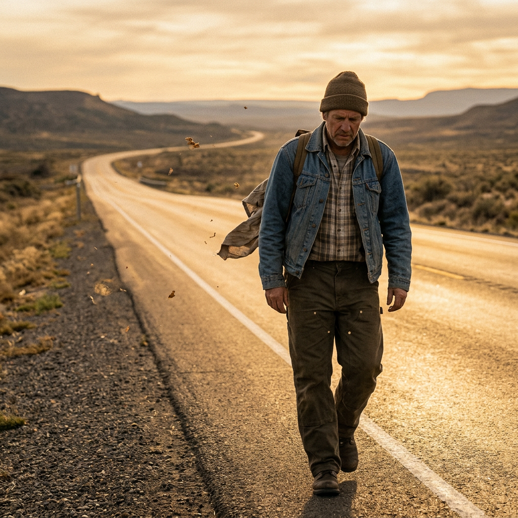 Golden highway with humble man and wind