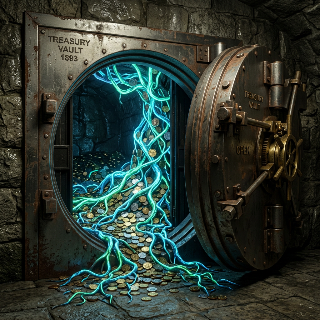 Open Treasury Vault door with glowing blue roots and coins spilling out