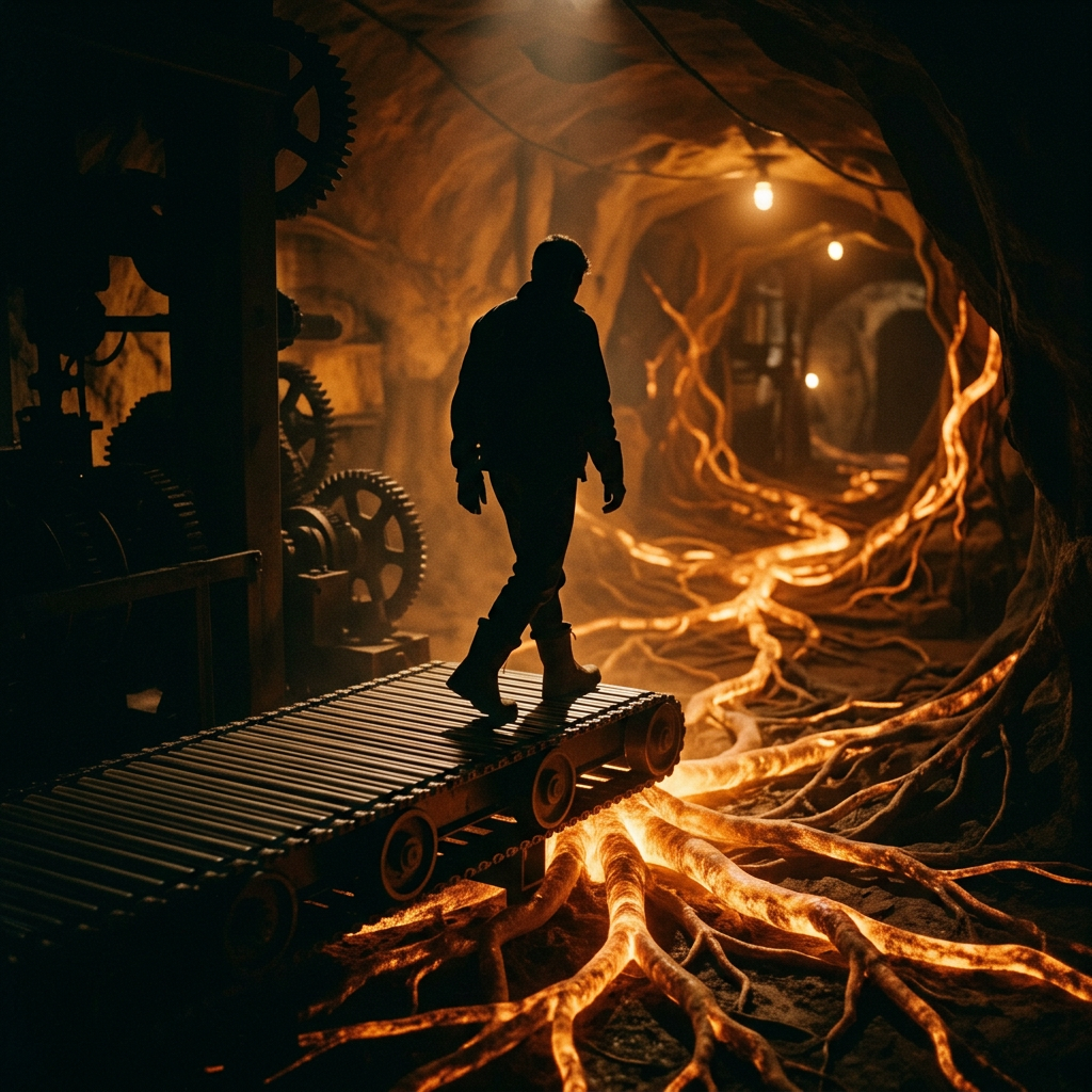 Person walking on a conveyor belt inside an underground tunnel with glowing roots spreading across the ground