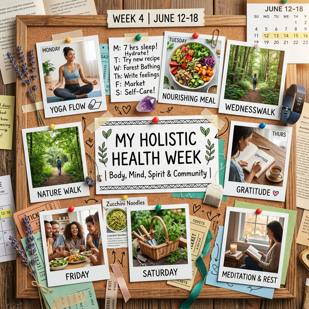 Bulletin board with photos and notes showcasing a holistic health week plan from June 12-18