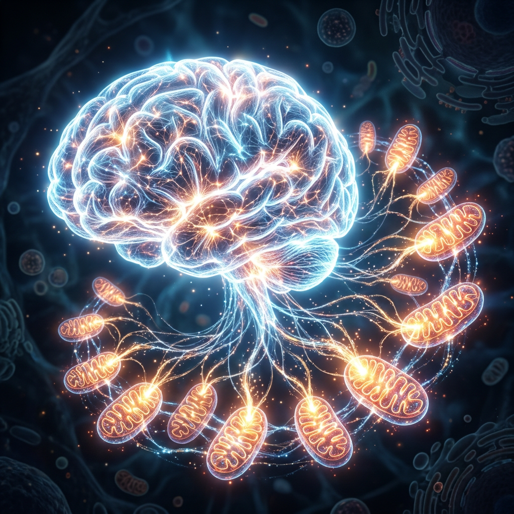 Glowing neural connections linking brain to multiple mitochondria