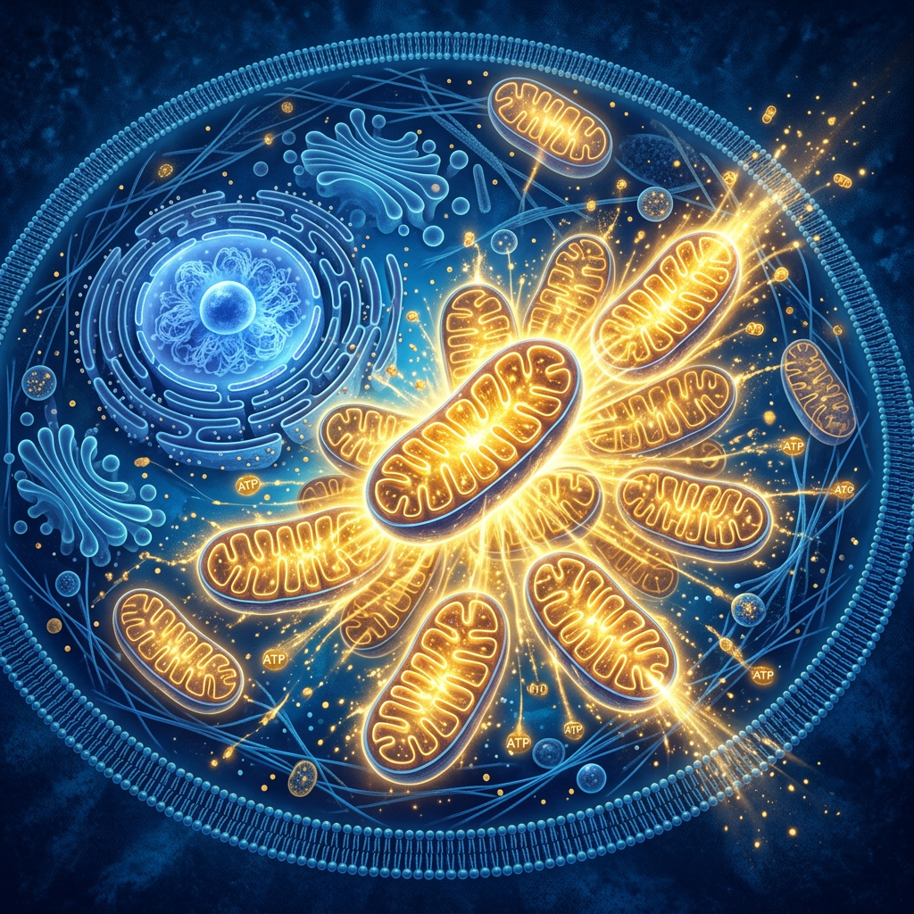 Cell interior with glowing mitochondria producing ATP