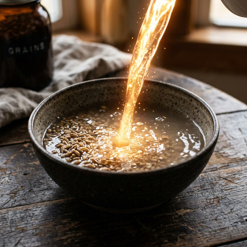 Golden colored hot water being poured into a bowl with grains on a wooden surface