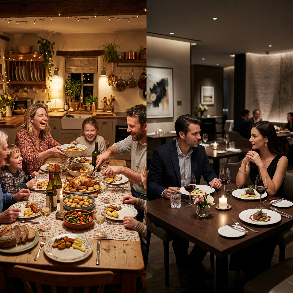 Left side: family enjoying homemade dinner with roasted chicken and potatoes at home; right side: couple having elegant dinner with wine in restaurant.