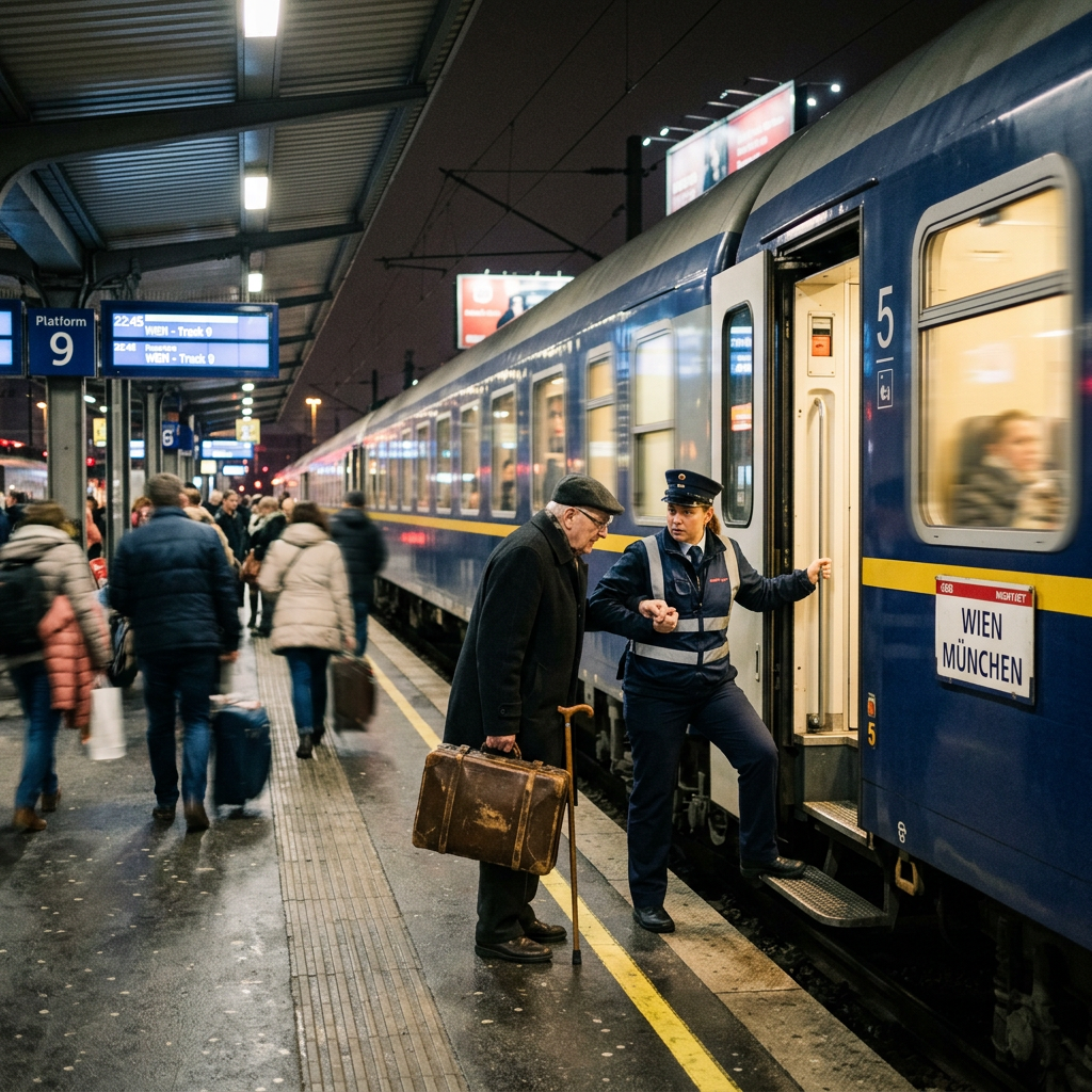 Train attendant supporting elderly man with suitcase boarding blue night train labeled Wien München