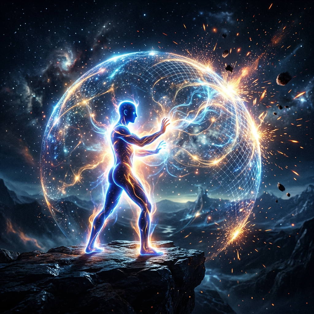 A glowing humanoid figure stands on a rocky cliff, generating a luminous energy shield with cosmic elements.