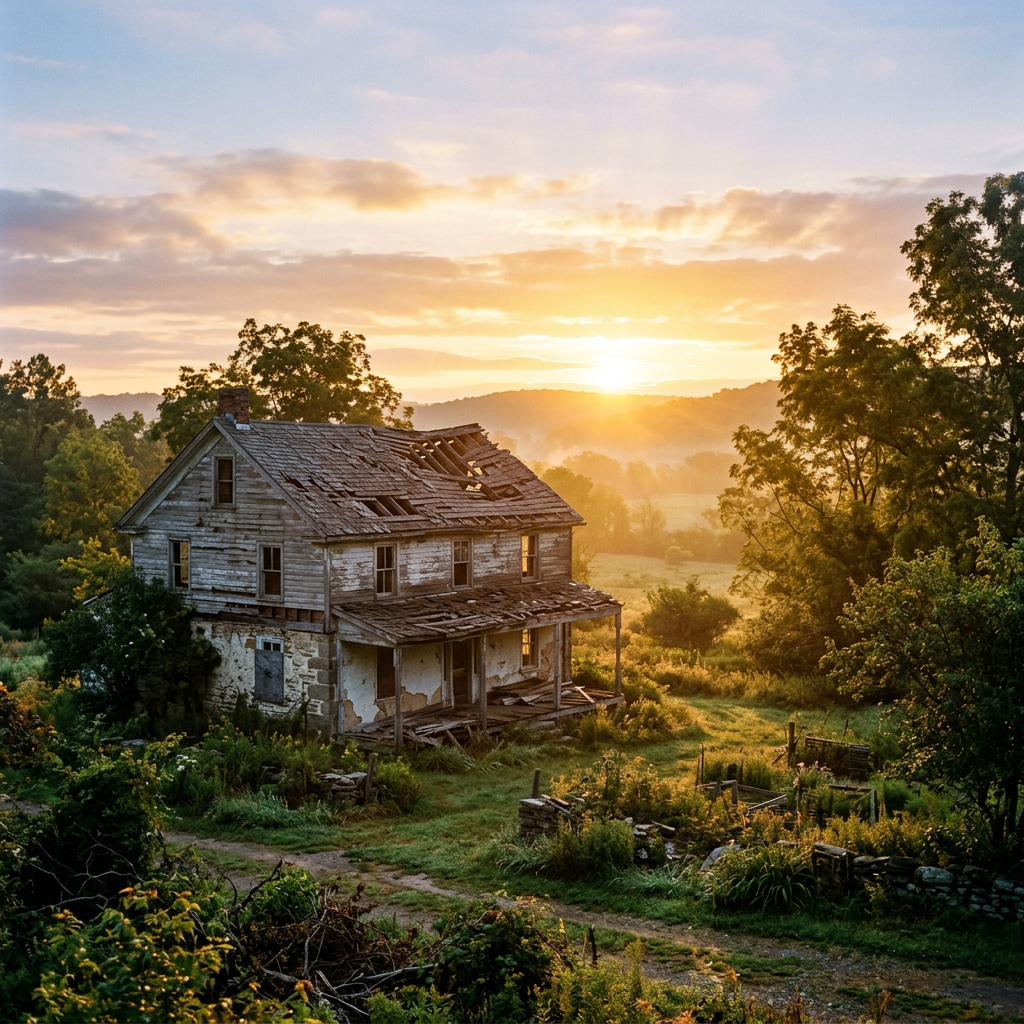 Damaged house under golden sunrise, peaceful atmosphere