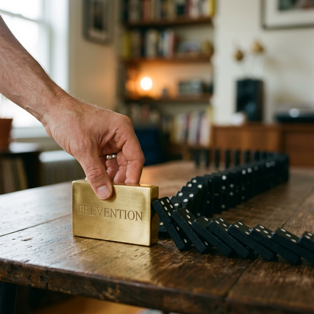 Hand placing gold block with 'PREVENTION' text to stop falling dominoes on table