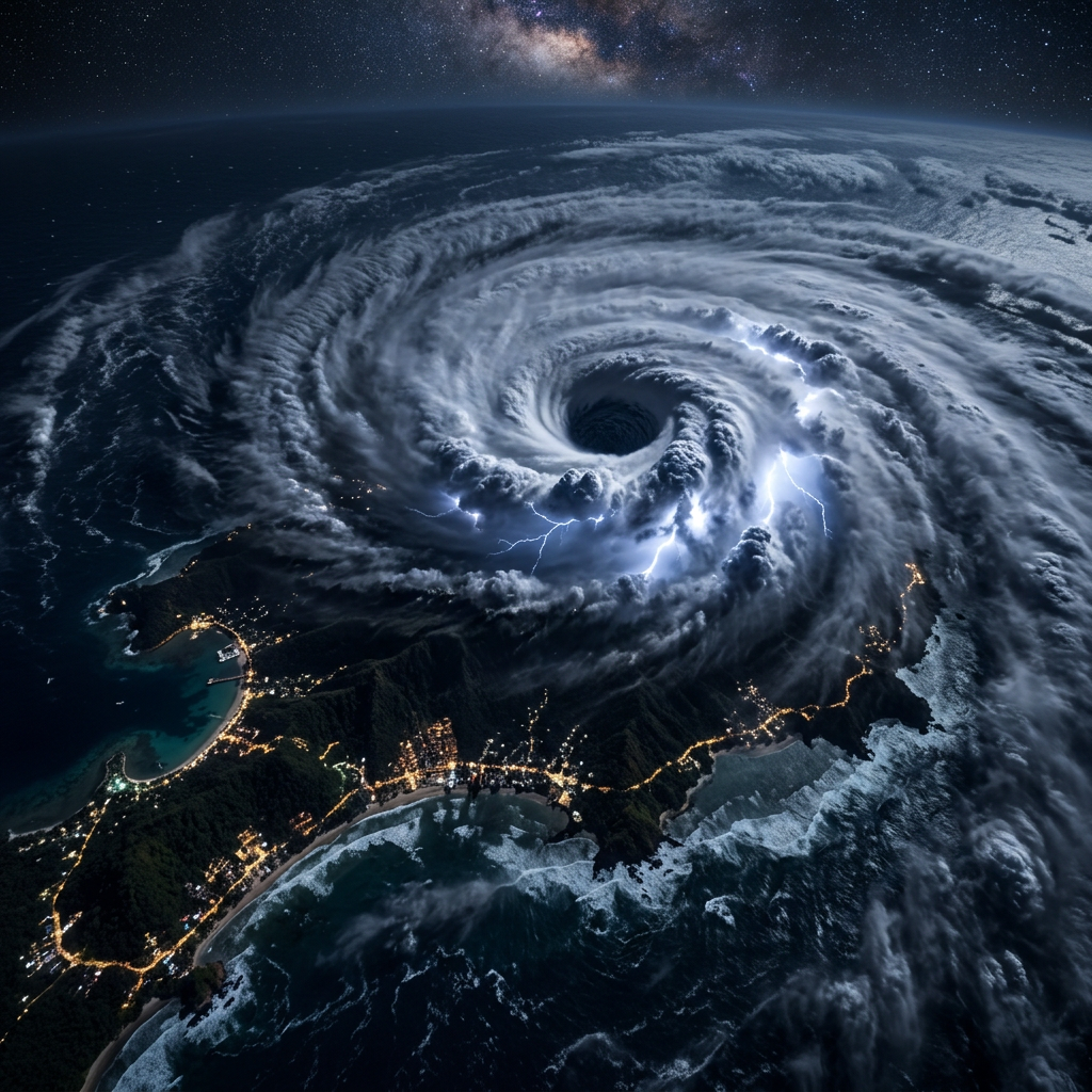 Hurricane with lightning striking over a coastline at night seen from above