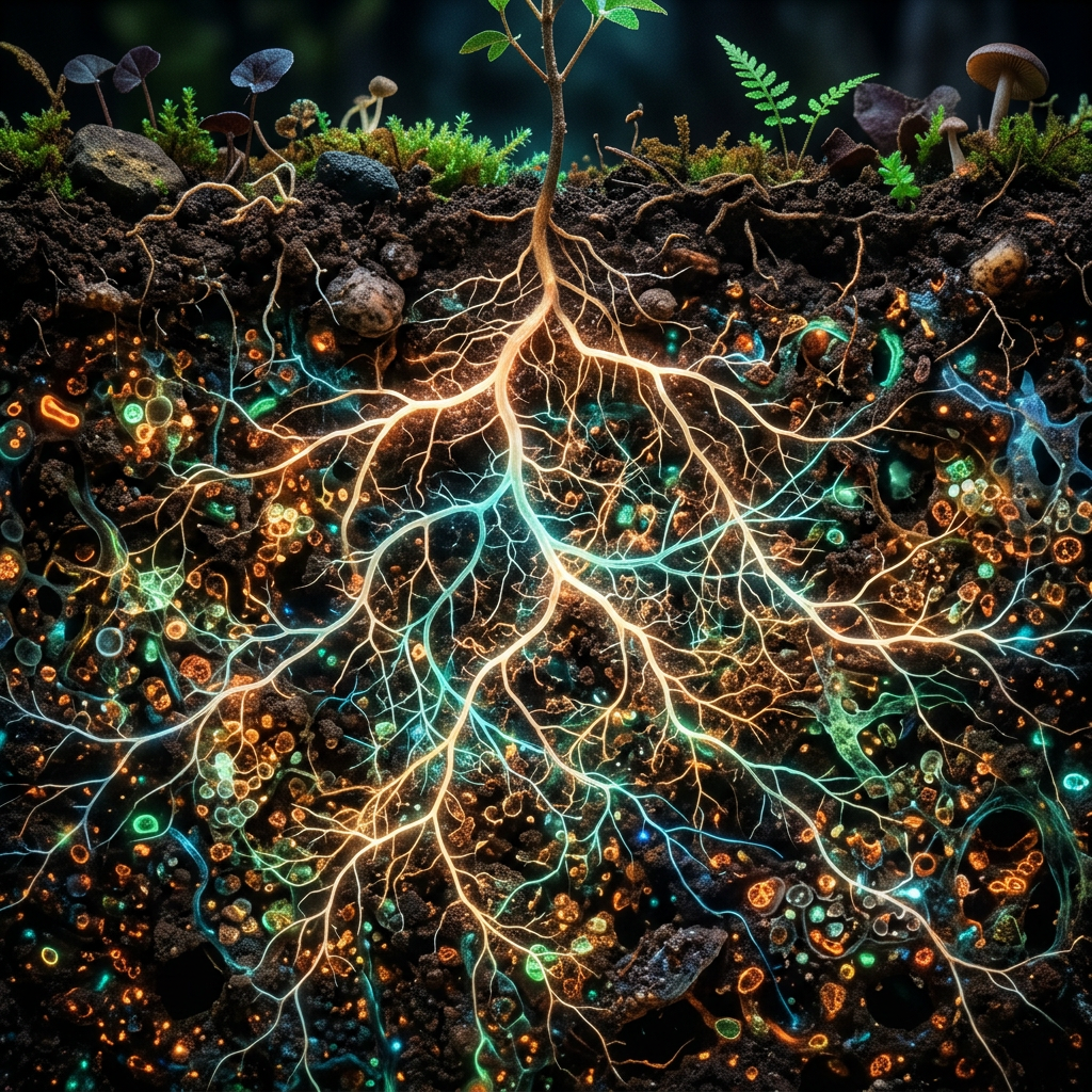 Plant roots illuminated underground with glowing microbial life and organic soil particles