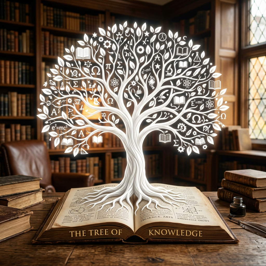 A luminous stylized tree with scientific and educational symbols growing from an open book