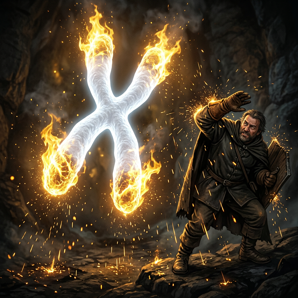 Medieval warrior shielding himself from a flaming letter X in a cave