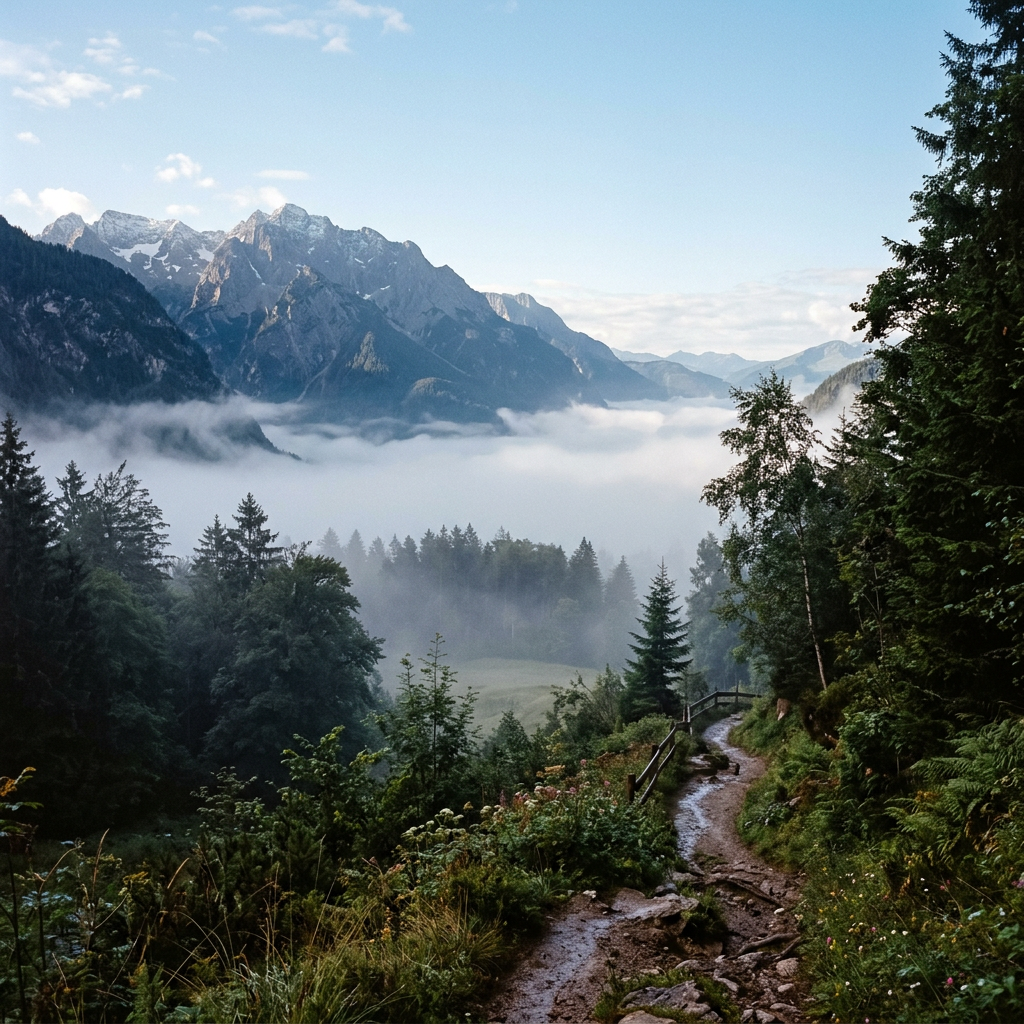 Mountain trail surrounded by trees and fog with rocky peaks in background