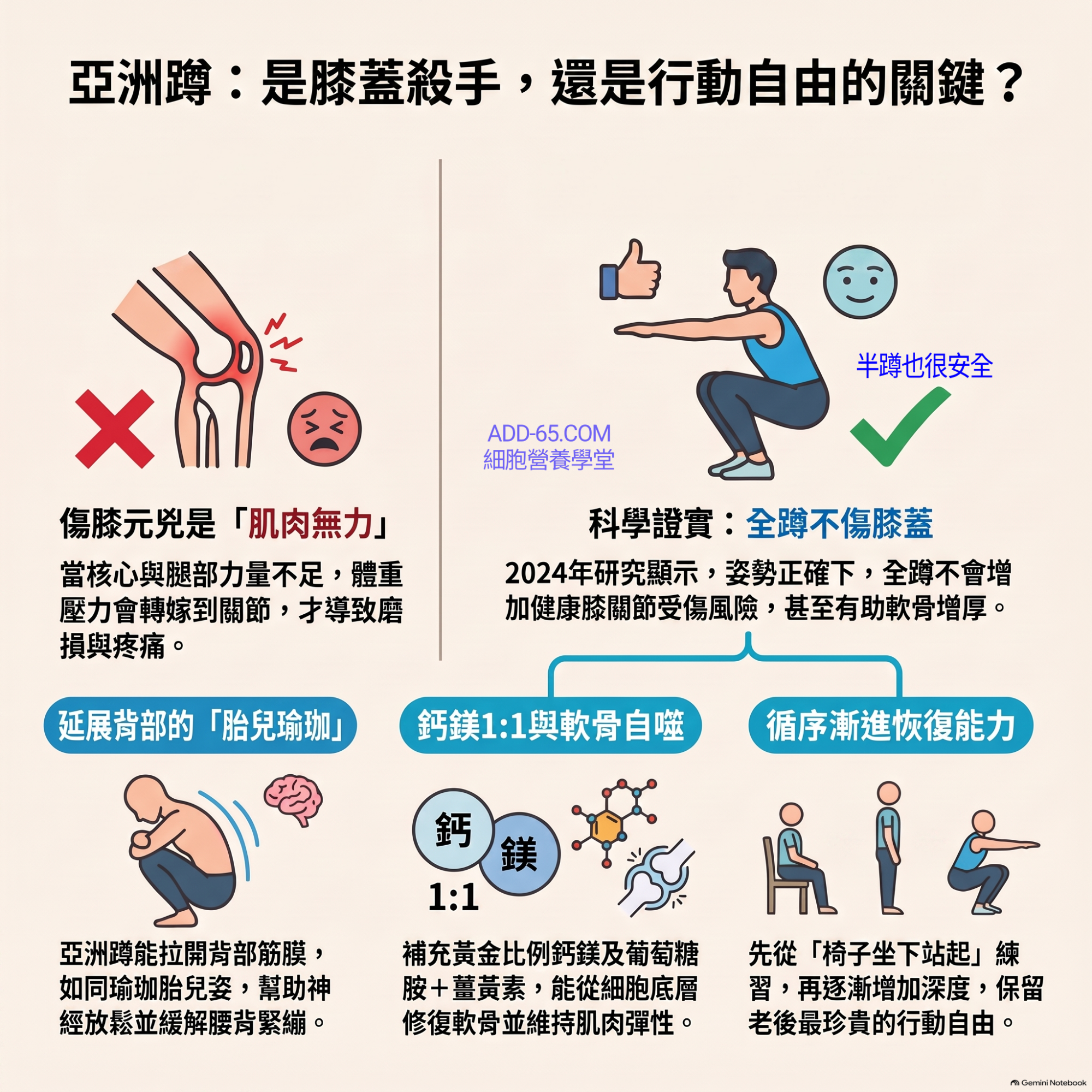 【細胞營養學堂】從「亞洲蹲」看關節軟骨、粒線體機械張力與分子土壤結構修復