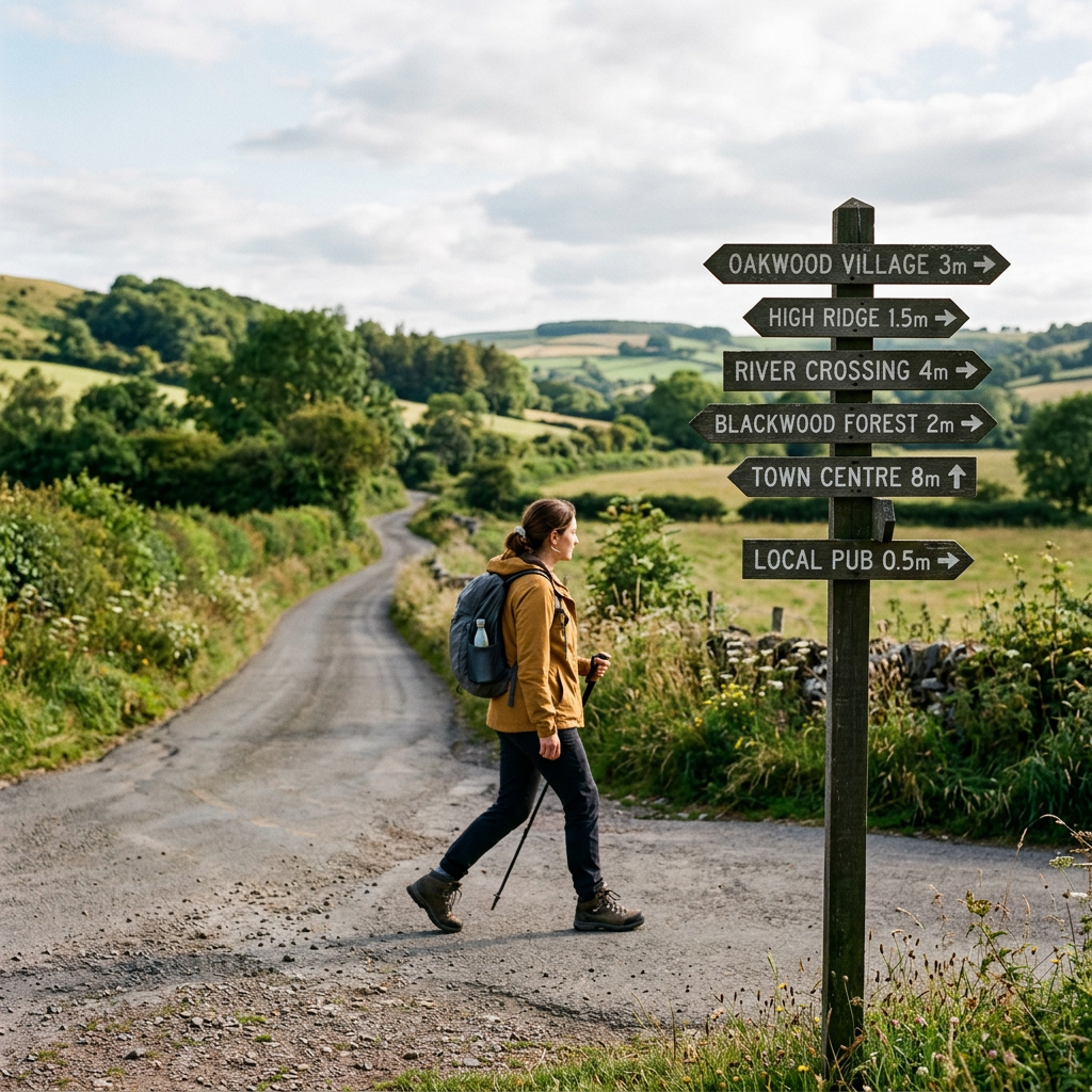 Hiker walking past a wooden signpost with directions to nearby villages, forests, and pubs in a countryside setting