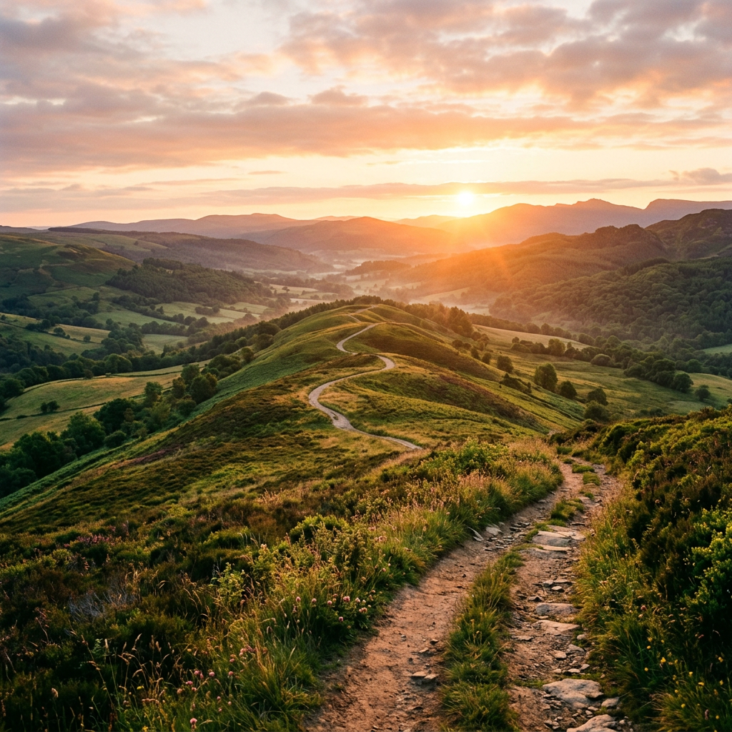 Winding dirt trail through green hills at sunset with glowing sky