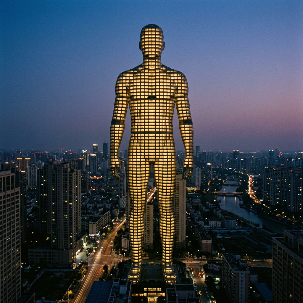 Tall humanoid statue composed of grid-lit windows standing in urban city at dusk