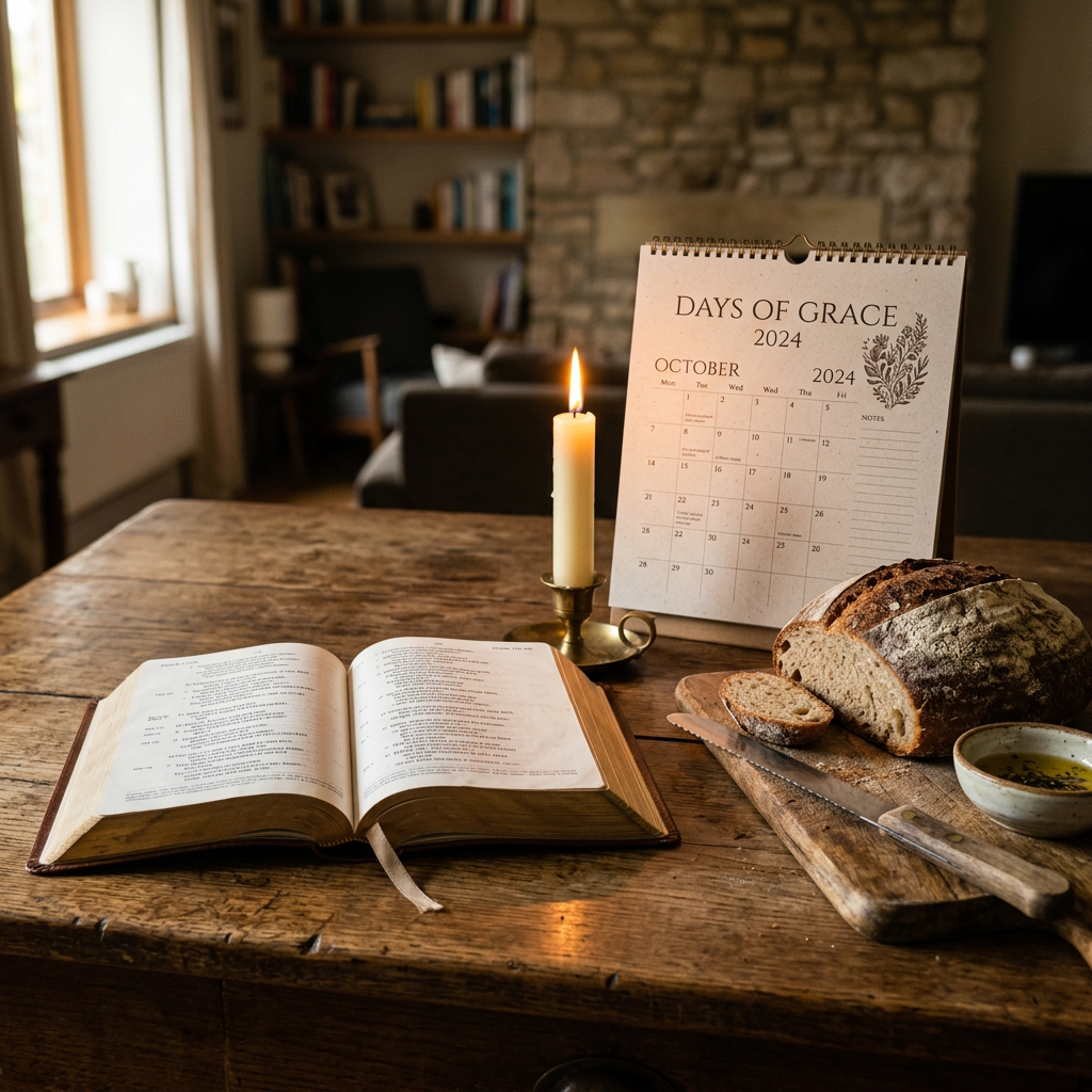 Open book beside candle, bread, and calendar labeled DAYS OF GRACE 2024, OCTOBER 2024