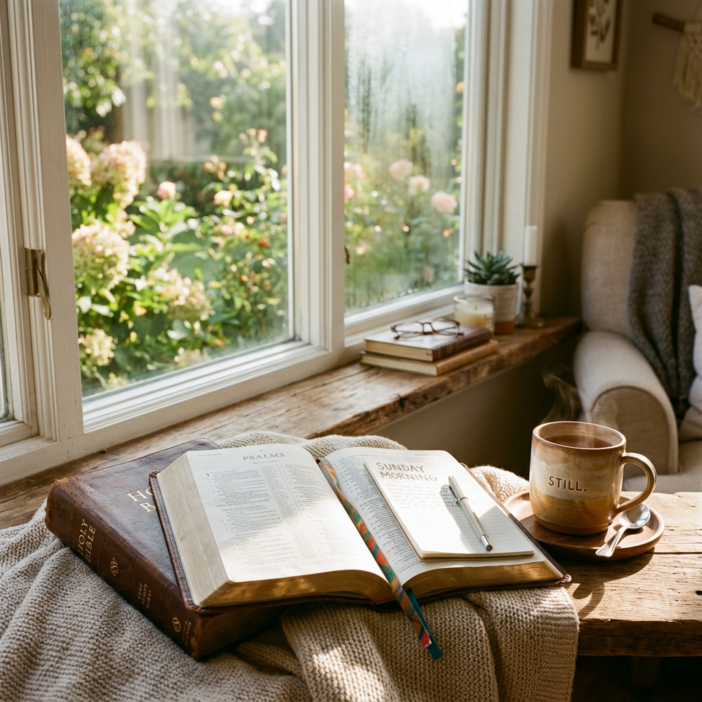 Open Bible, journal, coffee, and glasses beside a sunny garden window
