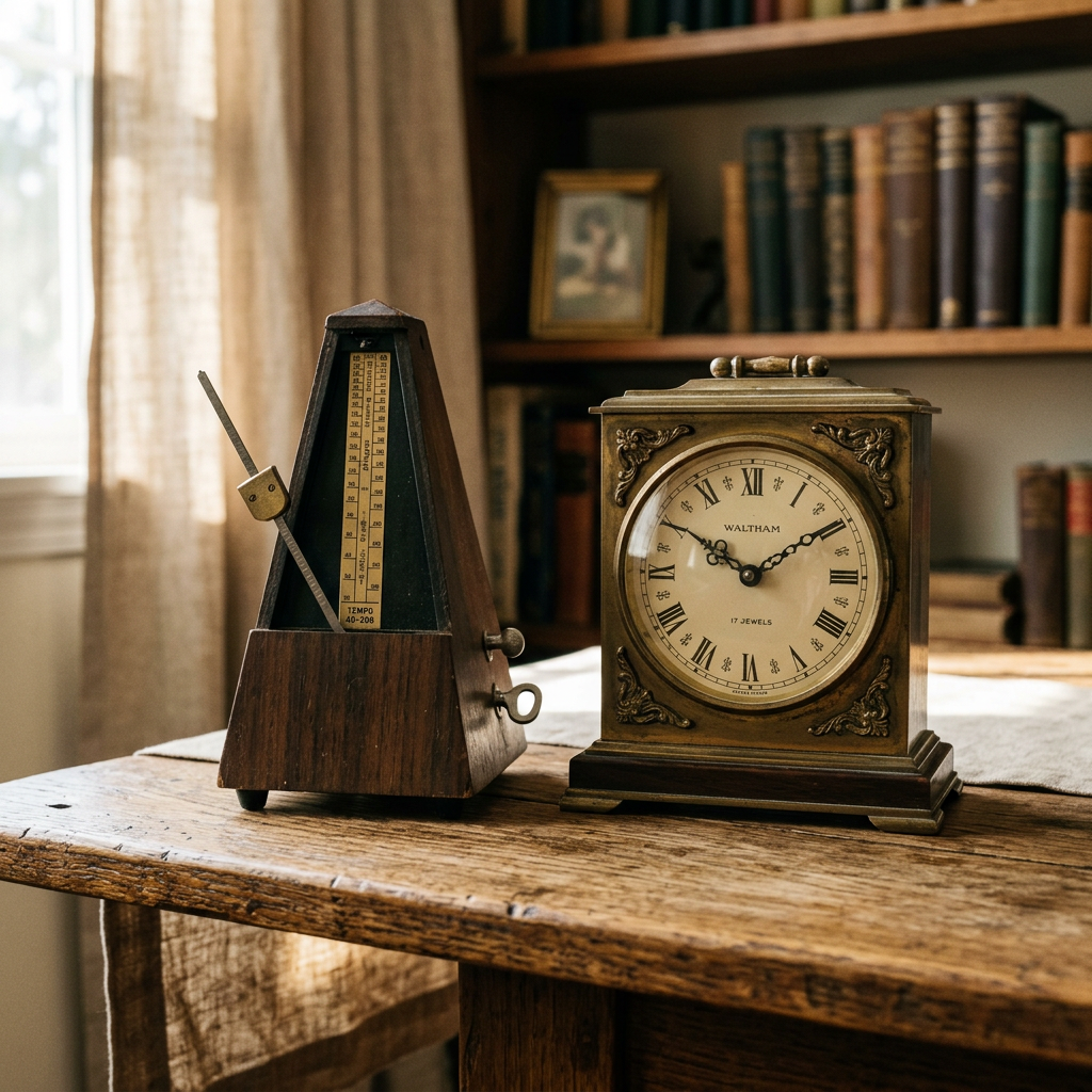 Vintage metronome and ornate Waltham clock on a wooden table