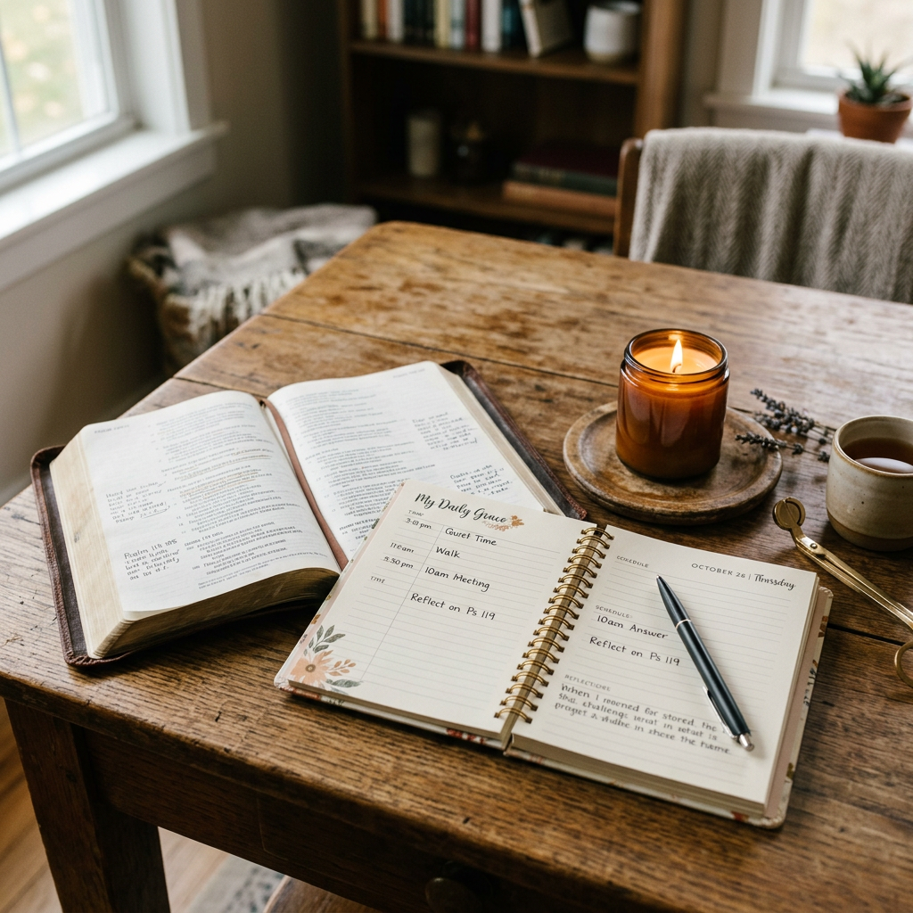 Open Bible and planner labeled “My Daily Grace” beside a lit candle and coffee