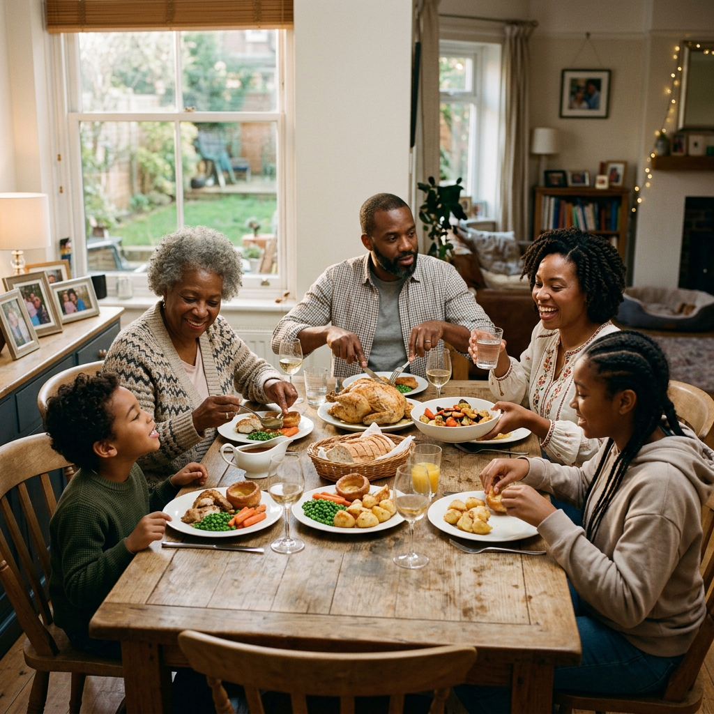 Multigenerational family sharing a meal around a dining table