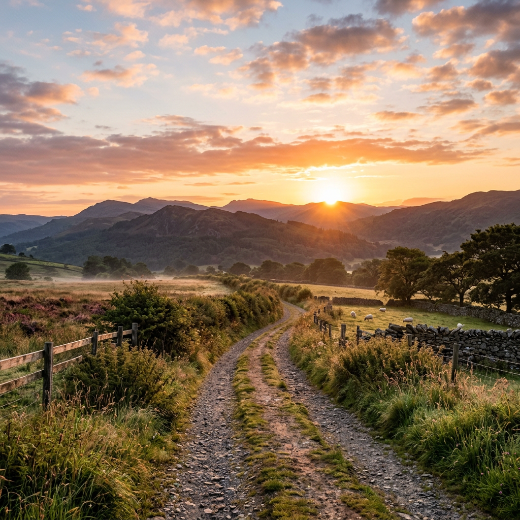Dirt lane through stone-walled fields toward mountains at sunset