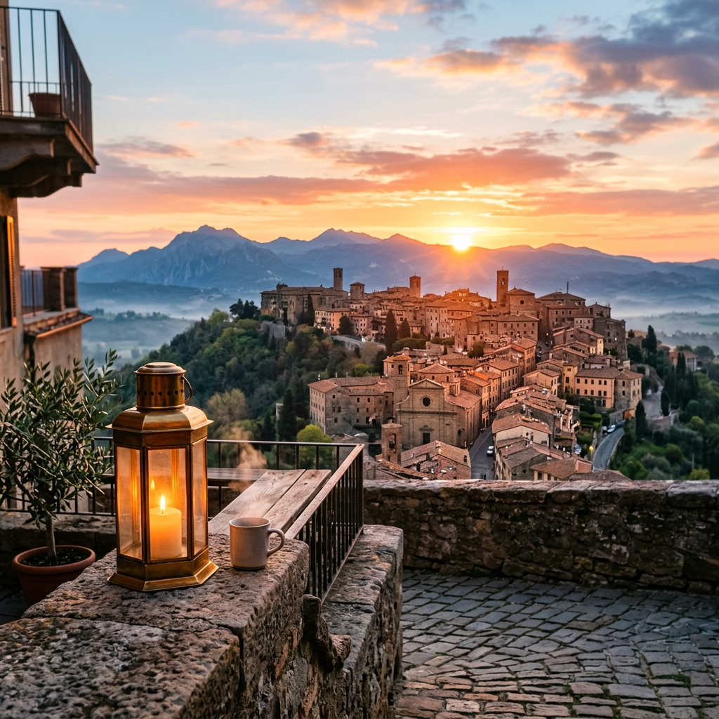 Lantern and coffee overlooking a historic hilltown at sunset