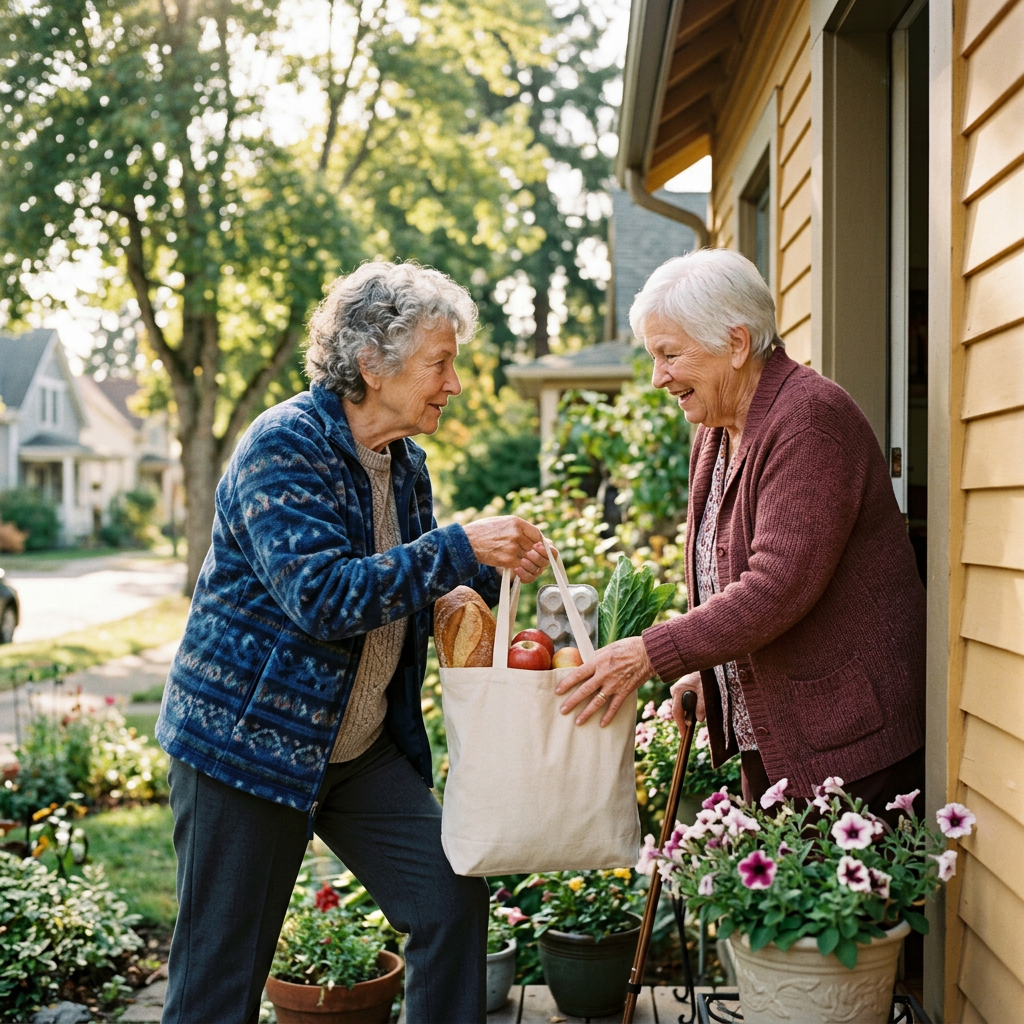 Two older women exchanging a grocery bag outside a house