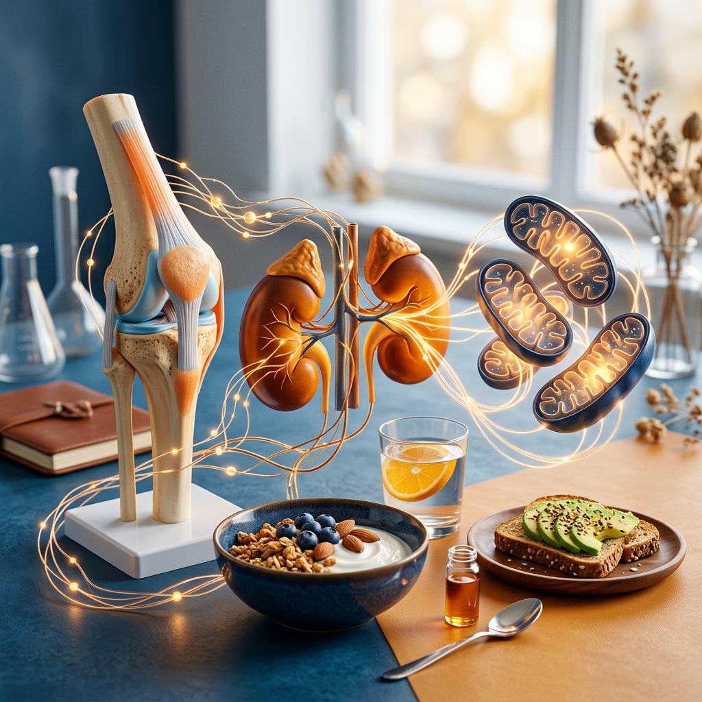 Medical models of a joint, kidneys, and mitochondria beside healthy foods